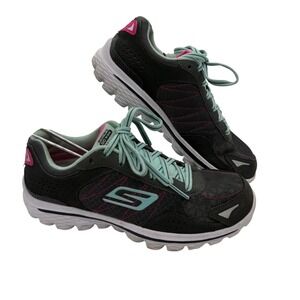 Skechers GoWalk Flash Girls Size 2.5 Gray Teal Pink Sneakers Athletic Shoes EUC